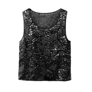 Sexy black sleeveless crop top featuring shimmering sequins and a round neck design