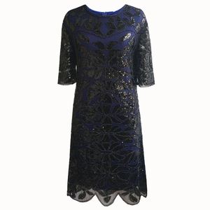 Royal blue 1920s vintage dress with heavy black sequins and floral beadwork