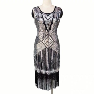 Women Vintage 1920s Gatsby Flapper Sequin Tassel Dress Mesh Geometric Art Deco Sleeveless Midi Evening Banquet Party Dress