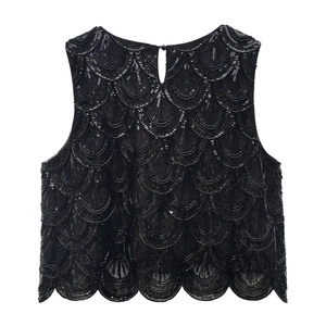 Detailed close-up of layered black sequins and beadwork on a sleeveless crop top