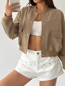 Women's khaki short baseball jacket with dropped shoulders and large flap pockets
