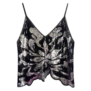Sexy black halter top with silver sequin floral pattern and irregular wave hemline