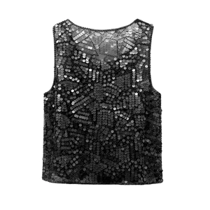 Sparkling black sequin beaded camisole top with round neck and elegant wavy texture design