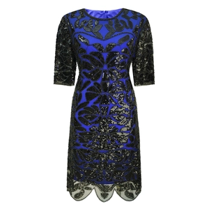 Royal blue sequin evening dress with black floral embroidery and scallop hem