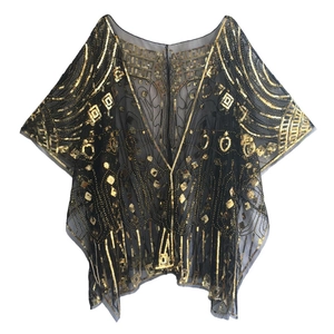 Châle vintage en tulle noir avec paillettes dorées et motifs Art Déco élégants