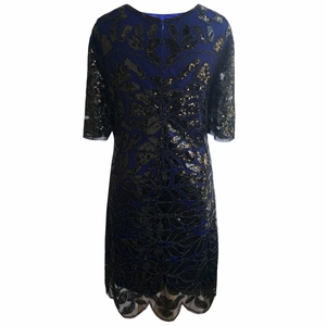 1920s vintage dark blue sequined dress with retro bronze patterns and wavy hem