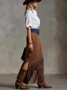 Bohemian brown suede skirt with fringe hem and blue denim patchwork on waistline