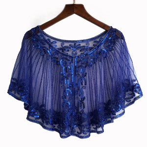 Elegant royal blue 1920s evening capelet with sequin vine patterns and sheer tulle