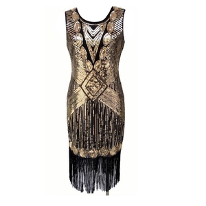 Vintage 1920s Gatsby style black and gold sequin flapper dress with fringe hem