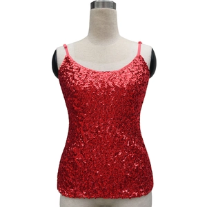 Sleeveless slim-fit sequined red tank top with thin shoulder straps for party wear