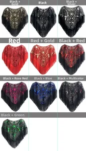 Detail view of various 1920s vintage sequin shawls with elegant fringe and floral patterns