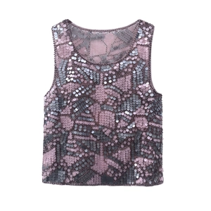 Women Sexy Sequin Beaded Tank Top Round Neck Sleeveless Party Vest Hot Girl Sparkly Clubwear Polyester Mesh Evening Top
