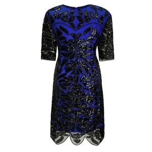 Royal blue sequin 1920s vintage cocktail dress with black embroidery and wavy hemline