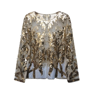 Elegant long sleeve sheer top with golden sequins and intricate leaf patterns on mesh fabric