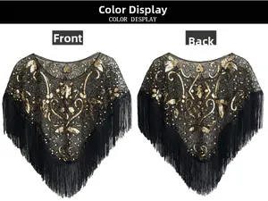 Front and back detail of a 1920s vintage black mesh shawl with gold sequins and tassels