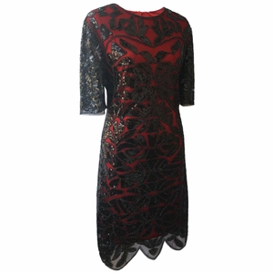 Vintage 1920s evening dress with red lining and black sequined floral mesh embroidery