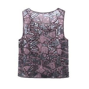 Sexy sleeveless lavender top with shimmering purple and silver sequins in a floral pattern