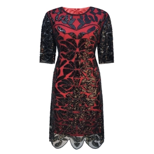 1920s Vintage Sequin Embroidery Midi Dress For Women Round Neck Half Sleeve Mesh Overlay Party Cocktail Banquet Evening Gown
