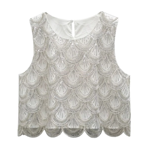 Sparkling white sleeveless vest with silver sequins in fish scale pattern for parties