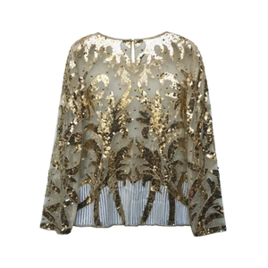 Elegant long sleeve sheer mesh top for women featuring gold sequins and a round neck design