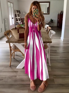 Damen Sommer Maxi-Streifenkleid in Rosarot und Weiß mit ärmellosem Design und Trägern