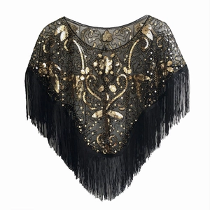 Vintage 1920s style black mesh shawl with gold sequins and fringe tassels for parties