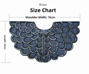 Detailed size chart for 1920s vintage sequin cape with shoulder and length measurements