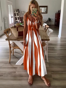 Damen Sommer Maxi-Kleid mit Streifen V-Ausschnitt ärmellos in Orange und Weiß