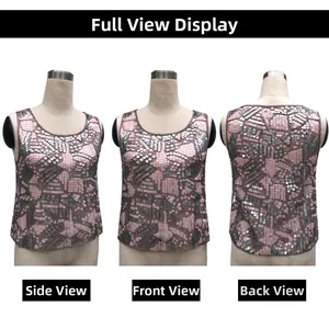 Three-way view of a sequin sleeveless crop top in pink and silver with geometric patterns