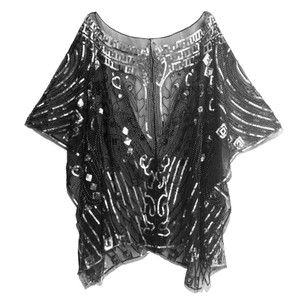 Détail du châle vintage 1920 en résille noire avec motifs géométriques à paillettes
