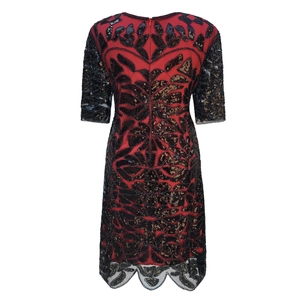 Elegant red mid-length sequin dress with floral embroidery and wavy hemline
