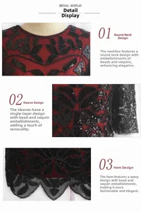 Detail display of vintage red dress featuring black lace with beads and sequins
