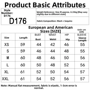 Size chart for sequins long sleeve top with detailed mesh fabric measurements from XS to XXL