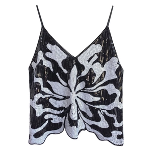 Women's Sexy Sequin Camisole V Neck Sleeveless Tank Top Sparkly Floral Pattern Irregular Hem Party Clubwear Vest
