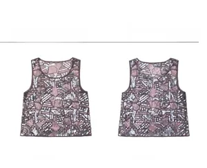 Front and back tile display of sequined crop top with silver and purple geometric patterns