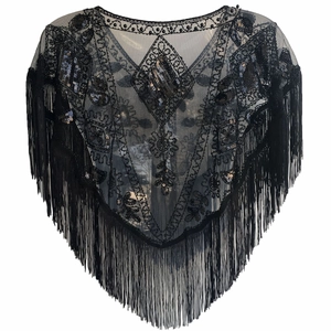 Detailed close-up of 1920s vintage black sequined embroidery and beaded fringe shawl