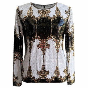 Sparkly sequin long sleeve blouse with intricate gold and black baroque patterns for women