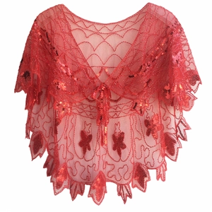 Châle en maille rouge à paillettes des années 1920 avec broderies et détails papillon