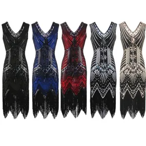 1920s Great Gatsby Flapper Dress Women Vintage V Neck Sleeveless Sequin Beaded Tassel Hem Party Evening Midi Dress