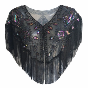 1920s vintage black mesh shawl with colorful sequins and fringe trim for evening gowns