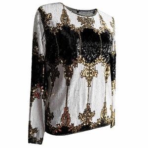 Elegant sequin long sleeve top featuring black, white and gold baroque geometric patterns