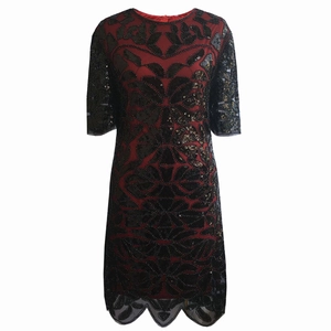 Vintage 1920s Sequin Flapper Dress Round Neck Short Sleeve Botanical Embroidery Scalloped Hem Mesh Evening Party Gown For Women