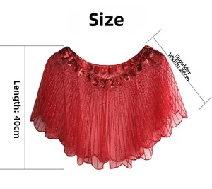 Detail view of red sequin shawl showing 40cm length and 28cm shoulder width dimensions
