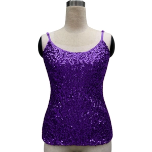 Sparkling purple sequin camisole top for women featuring slim straps and a fitted silhouette
