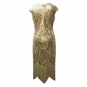 Detail of gold sequin dress back with retro wave beads and hidden zipper closure