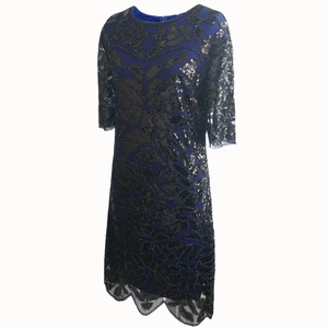 Vintage 1920s royal blue cocktail dress with black sequins floral patterns and mesh sleeves