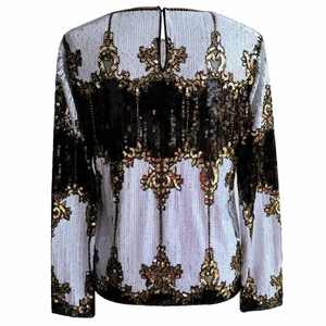 Elegant baroque sequin long sleeve top in black and gold with back keyhole detail