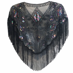 Close-up of black mesh shawl with multi-color sequins and long tassel details