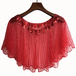 Gatsby vintage red sequin evening shawl with vertical beaded embroidery and mesh fabric