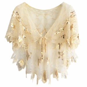 Châle vintage des années 1920 à paillettes champagne avec broderie dentelle élégante